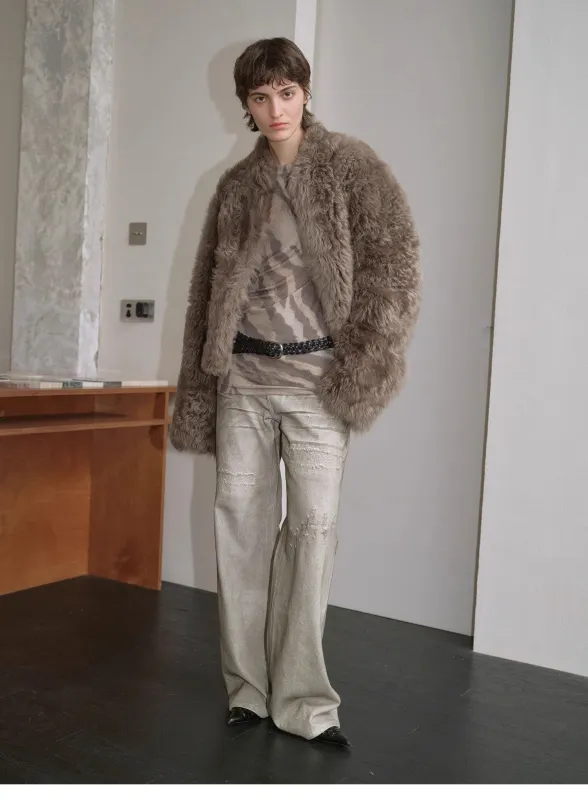 "Autumn Basel" imported Tuscan sheepskin half-roll short casual fur coat sold by Firelady Fur