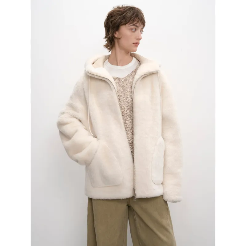 "Otaru Snow" casual hooded silhouette dropped shoulder merino wool sheepskin fur coat for women sold by Firelady Fur