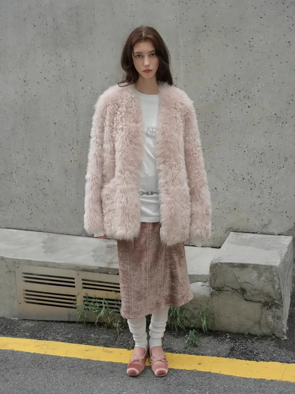 "Castle Dusk" V-neck Italian imported Tuscan curly wool sheepskin fur coat winter sold by Firelady Fur