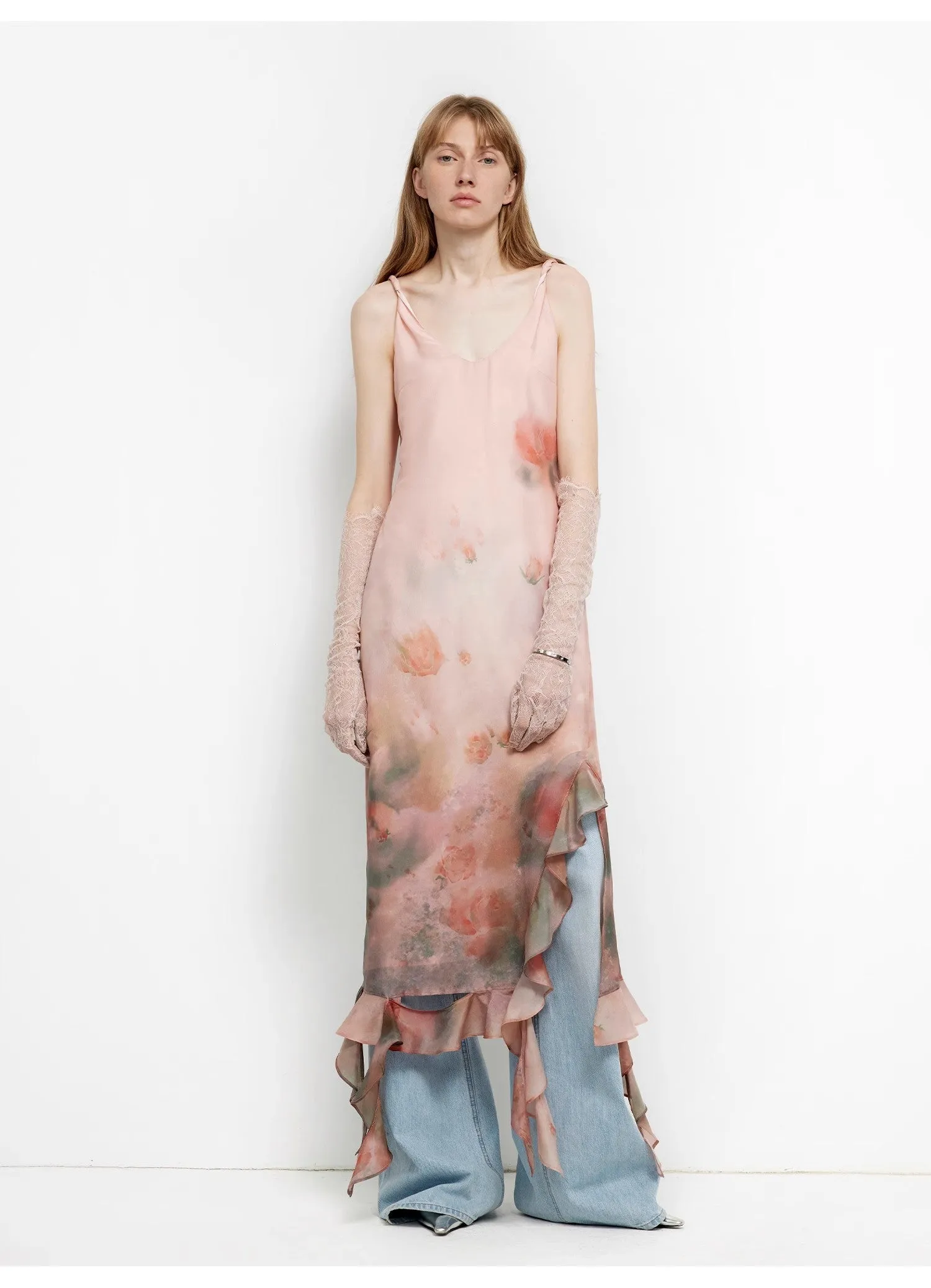 Acetate Mulberry Silk V-Neck Ruffled Draped Twist Strap Summer Dress "Rosy Ombre" sold by Firelady Fur product image thumbnail 5