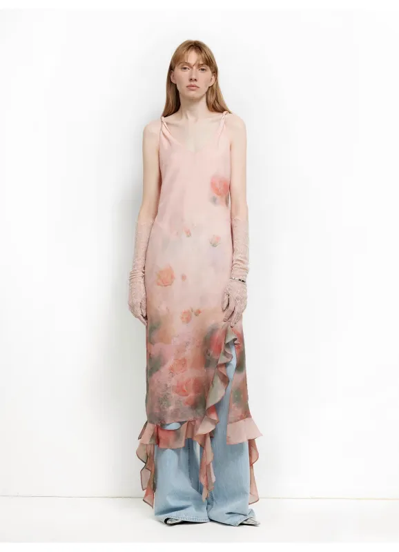 Acetate Mulberry Silk V-Neck Ruffled Draped Twist Strap Summer Dress "Rosy Ombre" sold by Firelady Fur