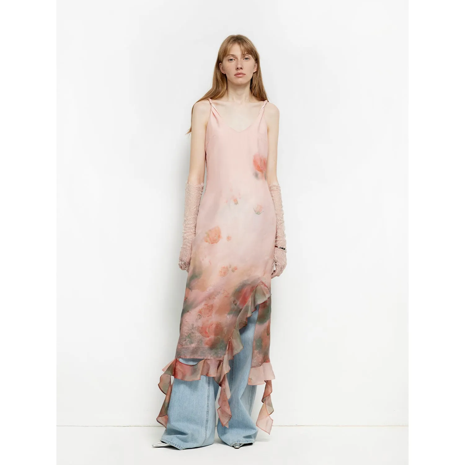 Acetate Mulberry Silk V-Neck Ruffled Draped Twist Strap Summer Dress "Rosy Ombre" sold by Firelady Fur product image thumbnail 2