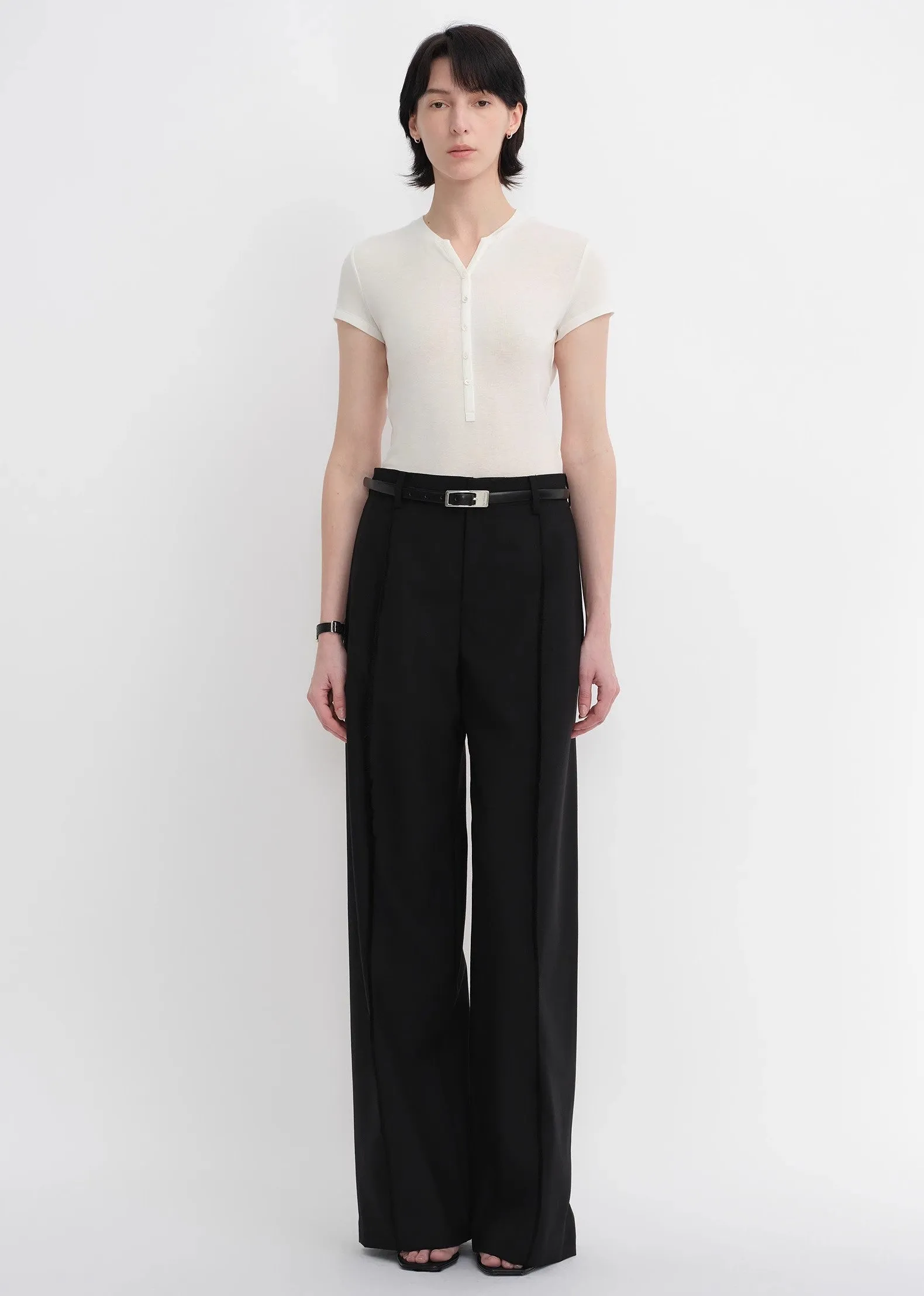 Worsted wool commuter classic drapey raw edge loose straight wide-leg pants sold by Firelady Fur