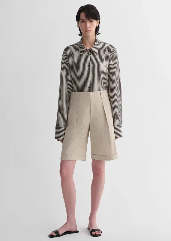 Sophisticated linen waistless pleated wide-leg cropped pants for women, featuring architectural silhouette, textured side pockets sold by Firelady Fur