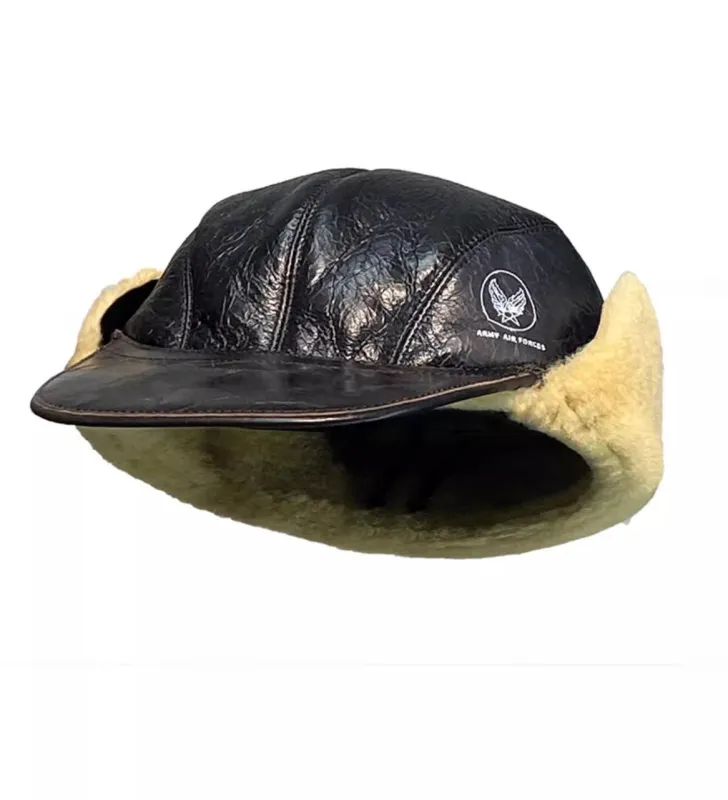 U.S. WWII Air Force pilot hat B2 fur and leather baseball cap winter ear protection warm duckbill cap sold by Firelady Fur