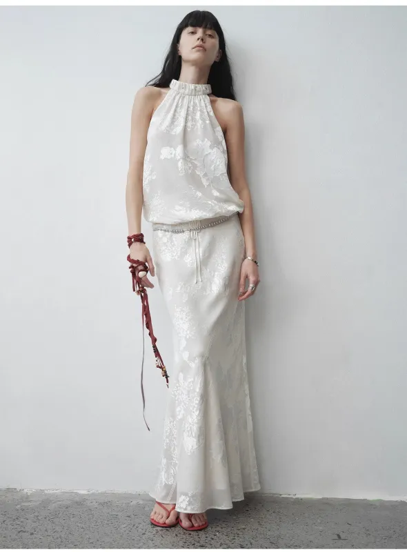 "Seville" bias-cut fishtail midi skirt in burnt pattern material sold by Firelady Fur