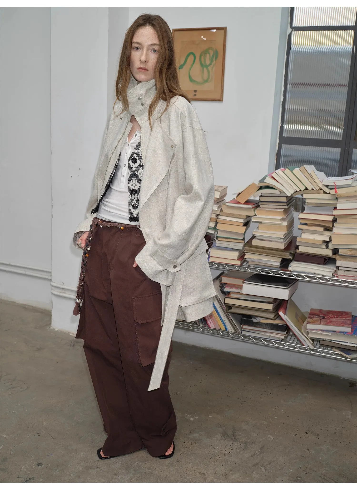 Relaxed Gold Linen Blend Lace-Up Mid-Length Trench Coat Spring"Flynn Magazine" sold by Firelady Fur product image thumbnail 2