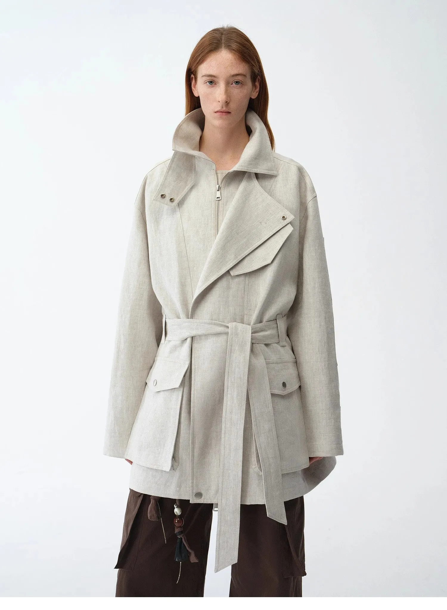Relaxed Gold Linen Blend Lace-Up Mid-Length Trench Coat Spring"Flynn Magazine" sold by Firelady Fur product image thumbnail 5