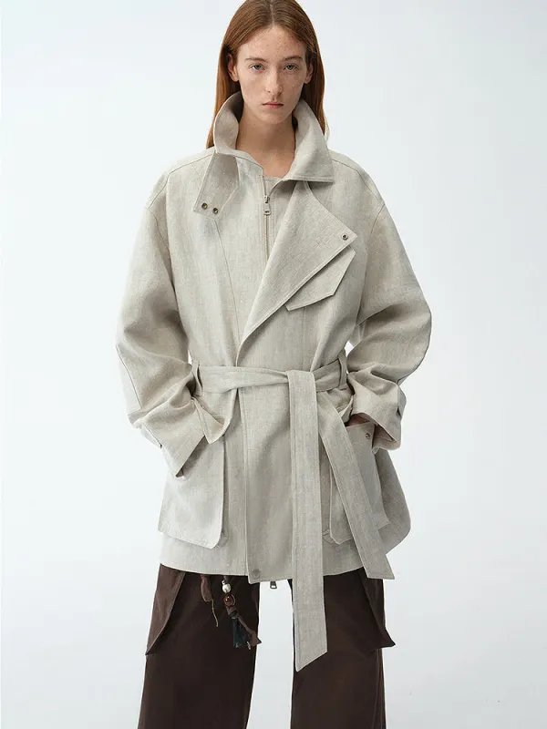 Relaxed Gold Linen Blend Lace-Up Mid-Length Trench Coat Spring"Flynn Magazine" sold by Firelady Fur
