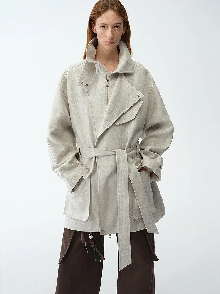 Relaxed Gold Linen Blend Lace-Up Mid-Length Trench Coat Spring"Flynn Magazine" sold by Firelady Fur