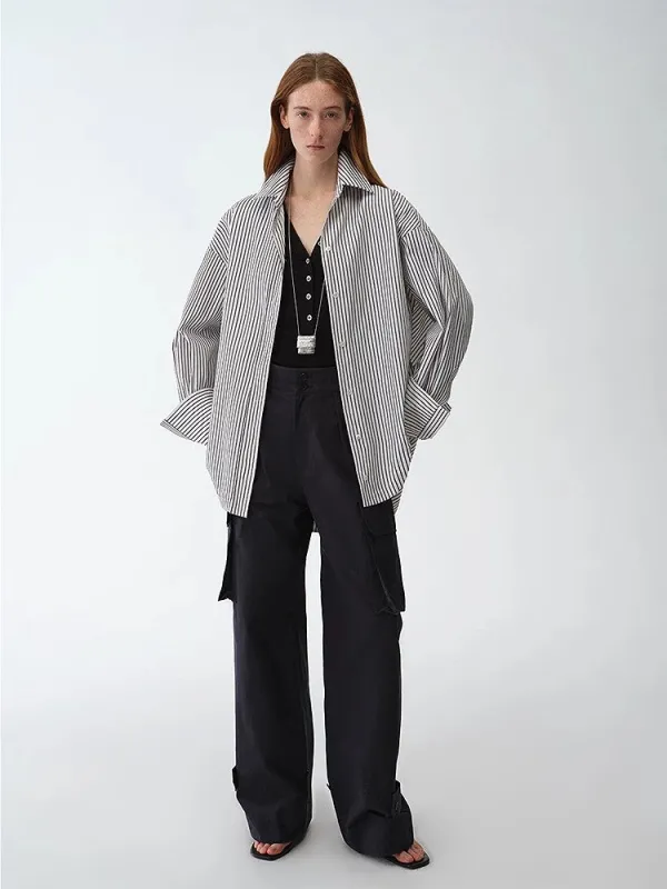 "Striped Fantasy" Casual Asymmetric Slanted Front Two-Wear Striped Long Sleeve Shirt sold by Firelady Fur