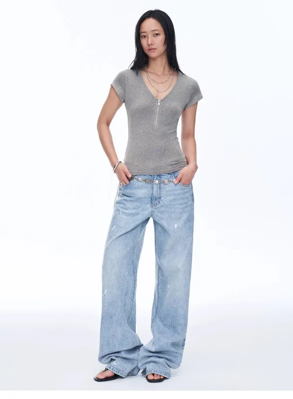 Women's Loose Australian Wool Tencel Deep V-neck Zipper Short Sleeve Tops T-shirt"Tunic Blouses Simple Color Silent Film" sold by Firelady Fur