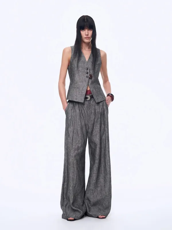 Fireladyfur Women's Linen Suit Set: Draped Vest & High-Waist Straight Trousers"Old Money Space" sold by Firelady Fur
