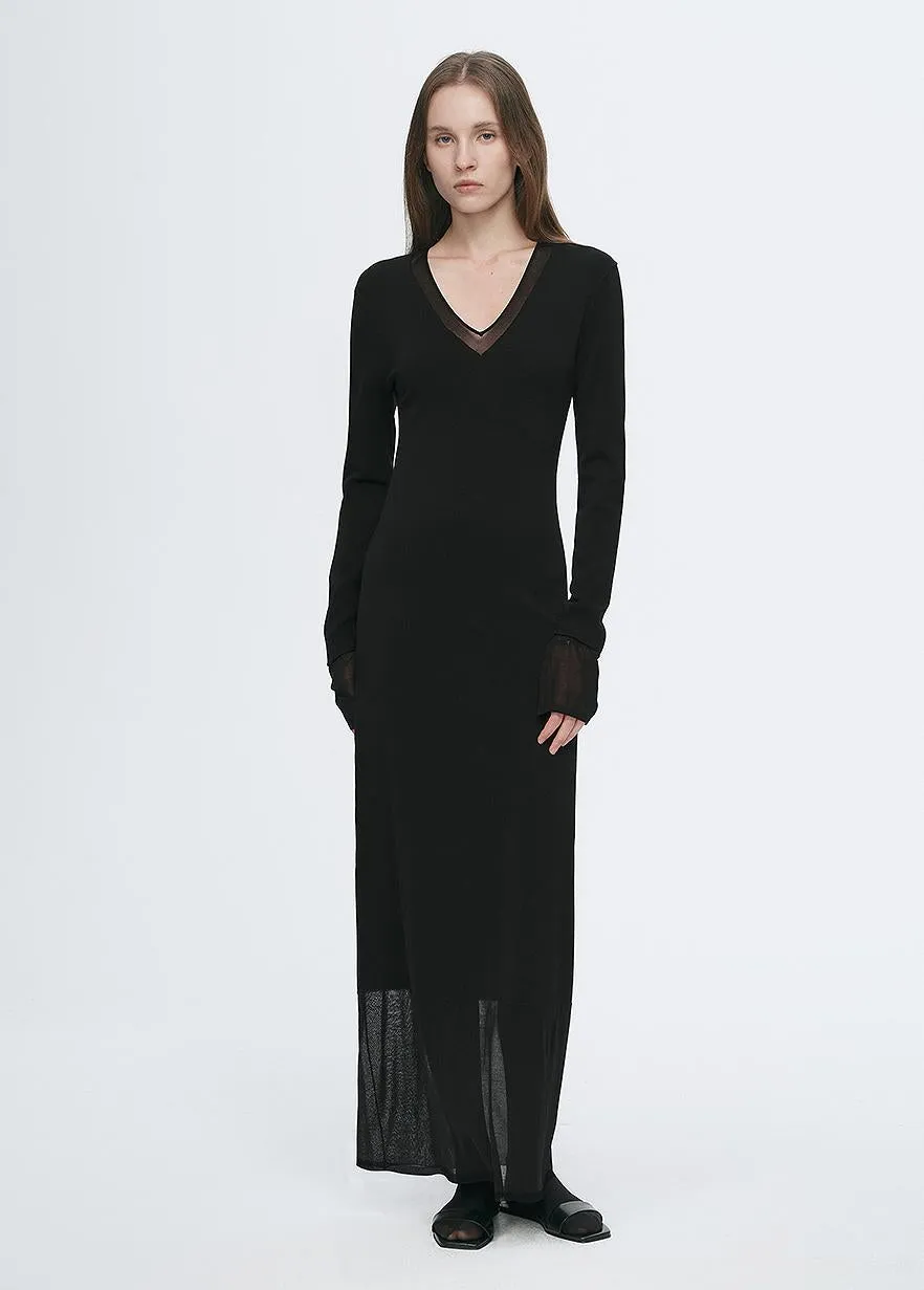 Elegant and intellectual triacetate Tencel blended skin-friendly transparent splicing design V-neck dress sold by Firelady Fur