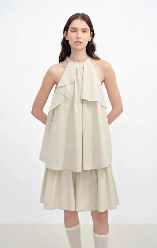 "Floating Island Manor" small stand-up collar design asymmetrical halter dress sold by Firelady Fur