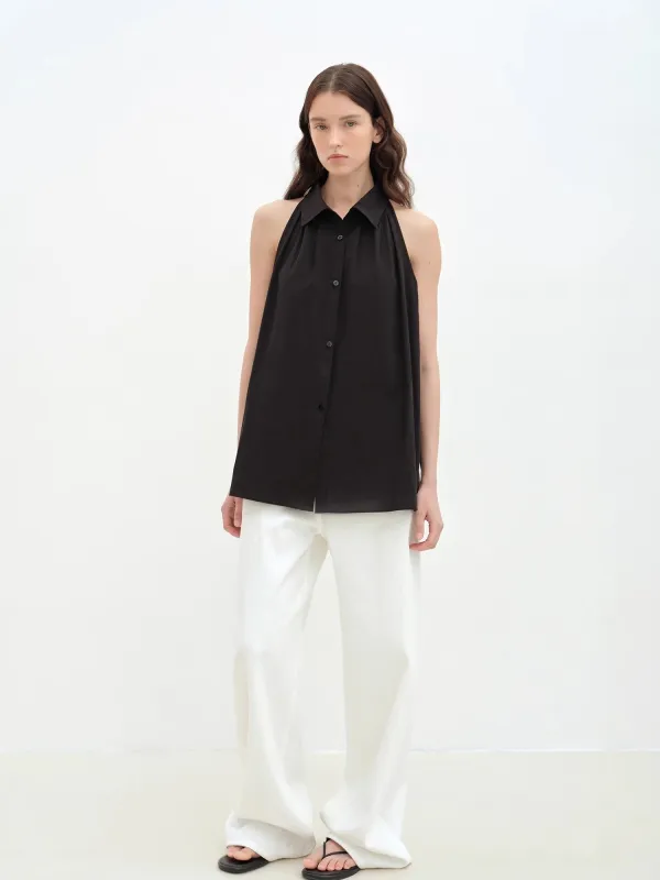 "Poland Island" imported pure cotton stand-up collar sleeveless striped shirt temperament top for women sold by Firelady Fur