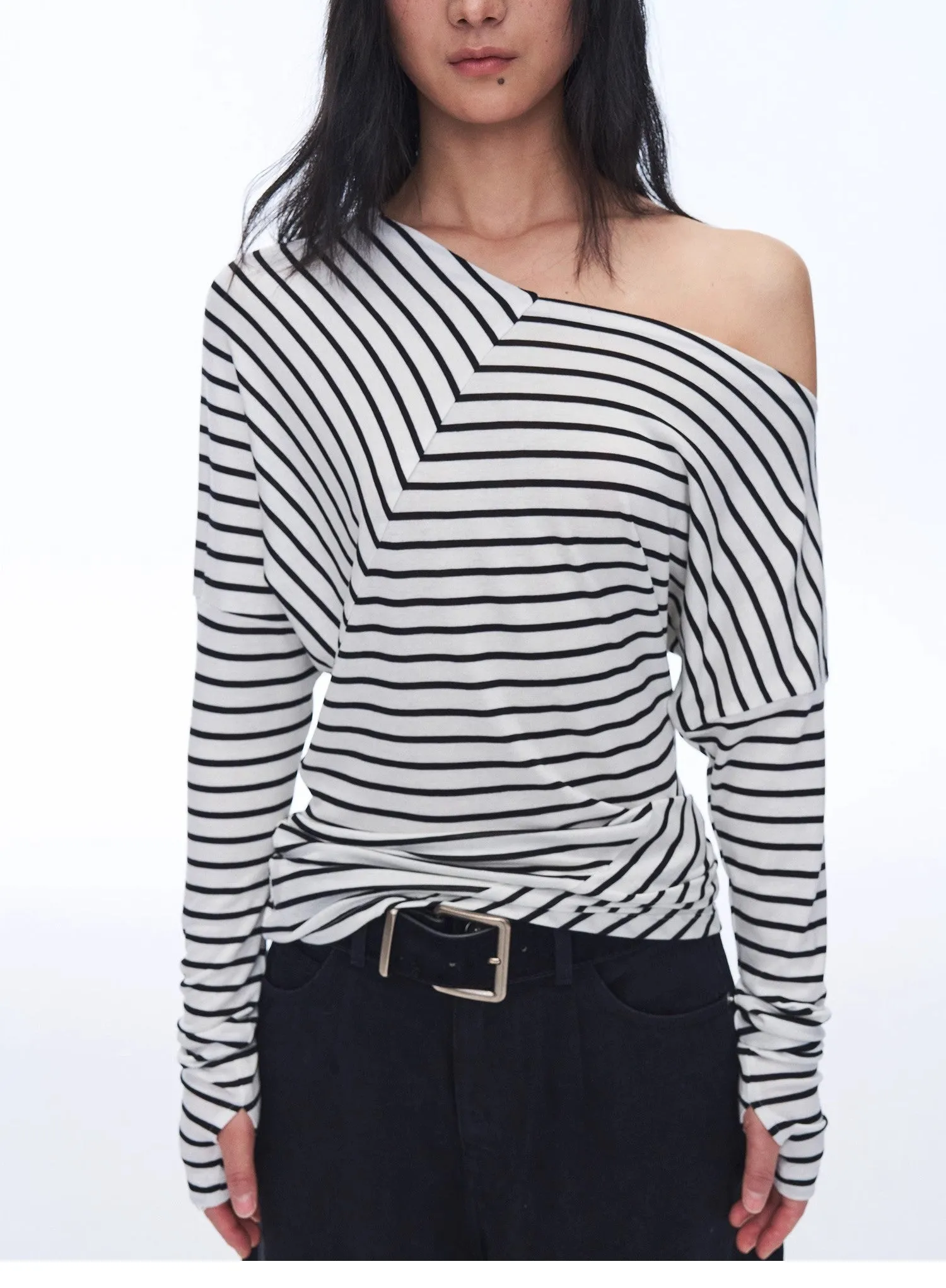 Fashionable off-shoulder Lyocell Tencel wool blended draped patchwork striped T-shirt"Picasso Lines" sold by Firelady Fur product image thumbnail 2
