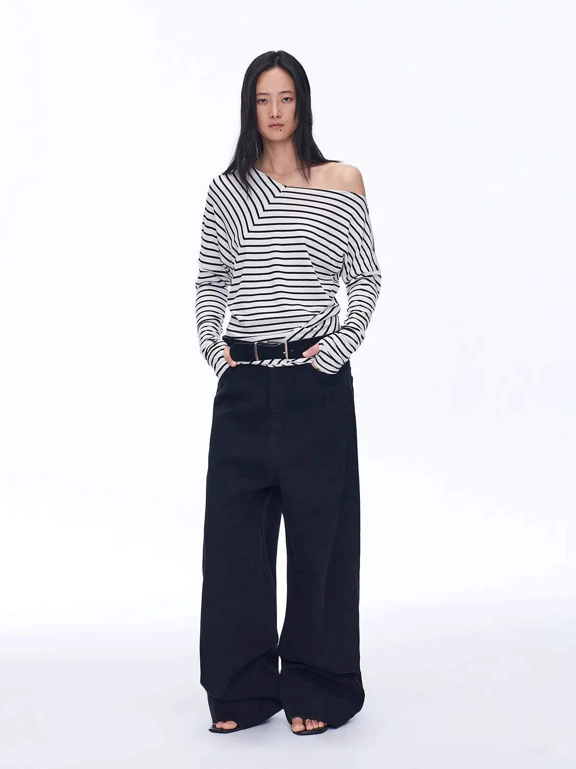 Fashionable off-shoulder Lyocell Tencel wool blended draped patchwork striped T-shirt"Picasso Lines" sold by Firelady Fur