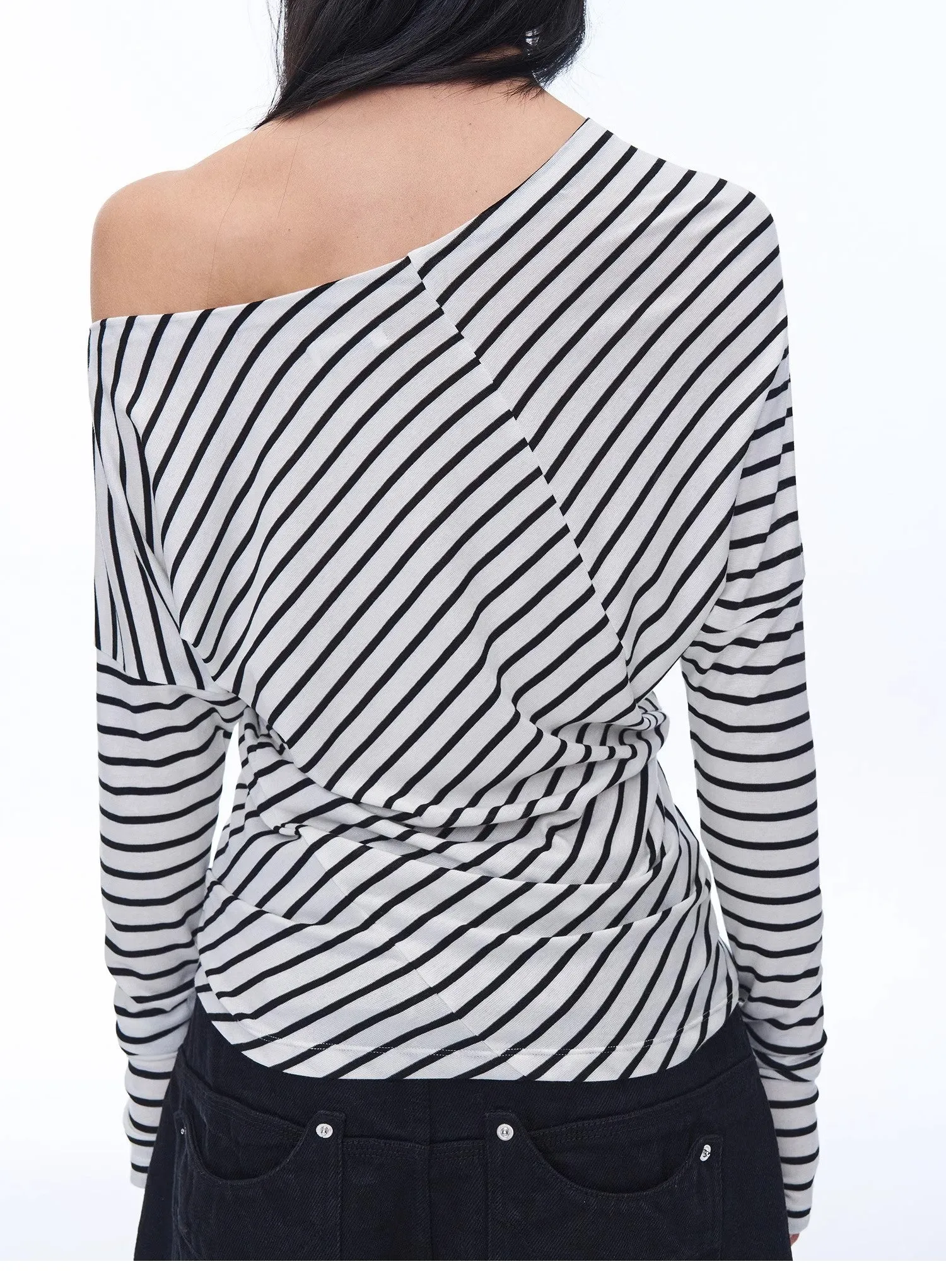 Fashionable off-shoulder Lyocell Tencel wool blended draped patchwork striped T-shirt"Picasso Lines" sold by Firelady Fur product image thumbnail 5