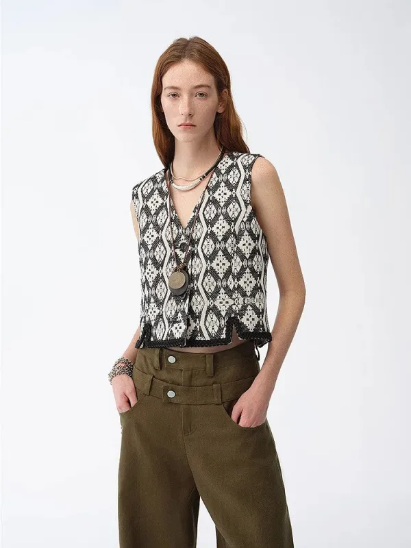 "Venice" Classical simple silhouette Italian imported jacquard ethnic style V-neck vest sold by Firelady Fur