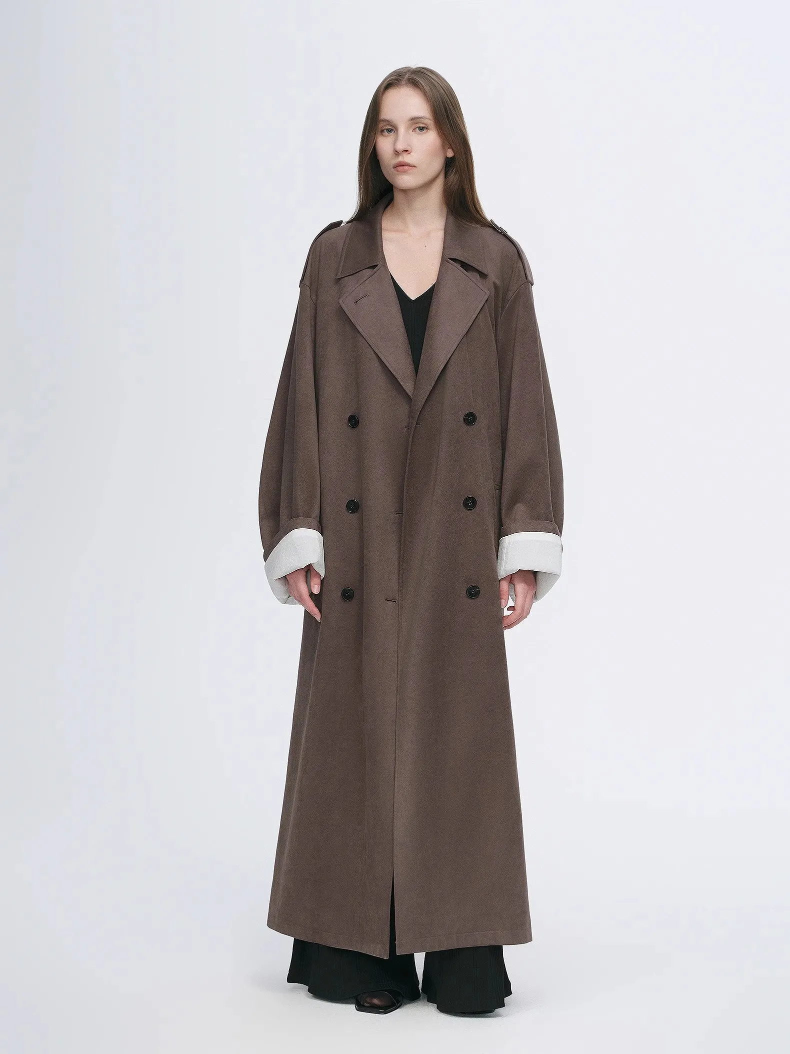 "Line Walker" matte micro-velvet drape classic elegant double-breasted straight long trench coat sold by Firelady Fur product image thumbnail 5