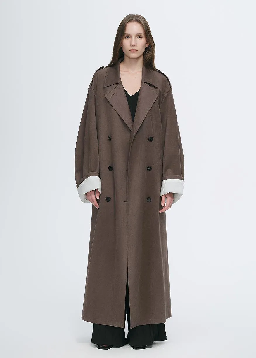 "Line Walker" matte micro-velvet drape classic elegant double-breasted straight long trench coat sold by Firelady Fur