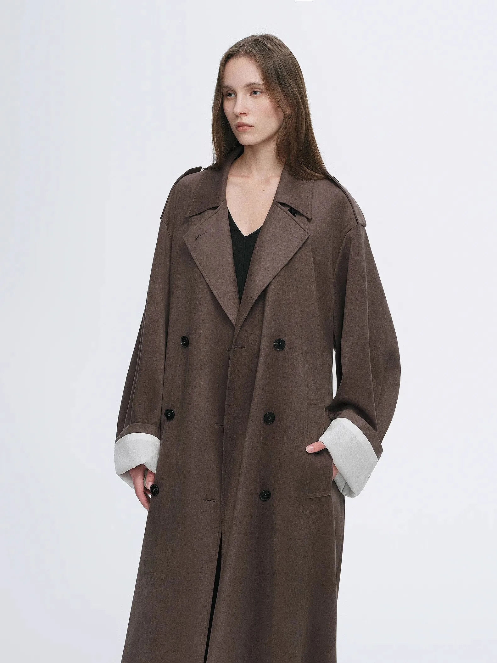 "Line Walker" matte micro-velvet drape classic elegant double-breasted straight long trench coat sold by Firelady Fur product image thumbnail 2