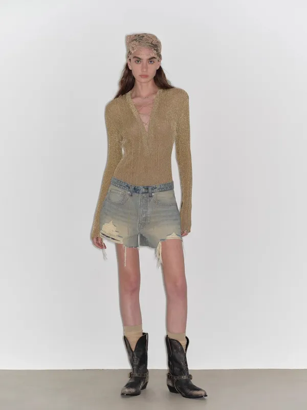 "Blue and Pink Rhythm" Retro and fashionable A-line silhouette, ripped and slim-fitting denim shorts sold by Firelady Fur