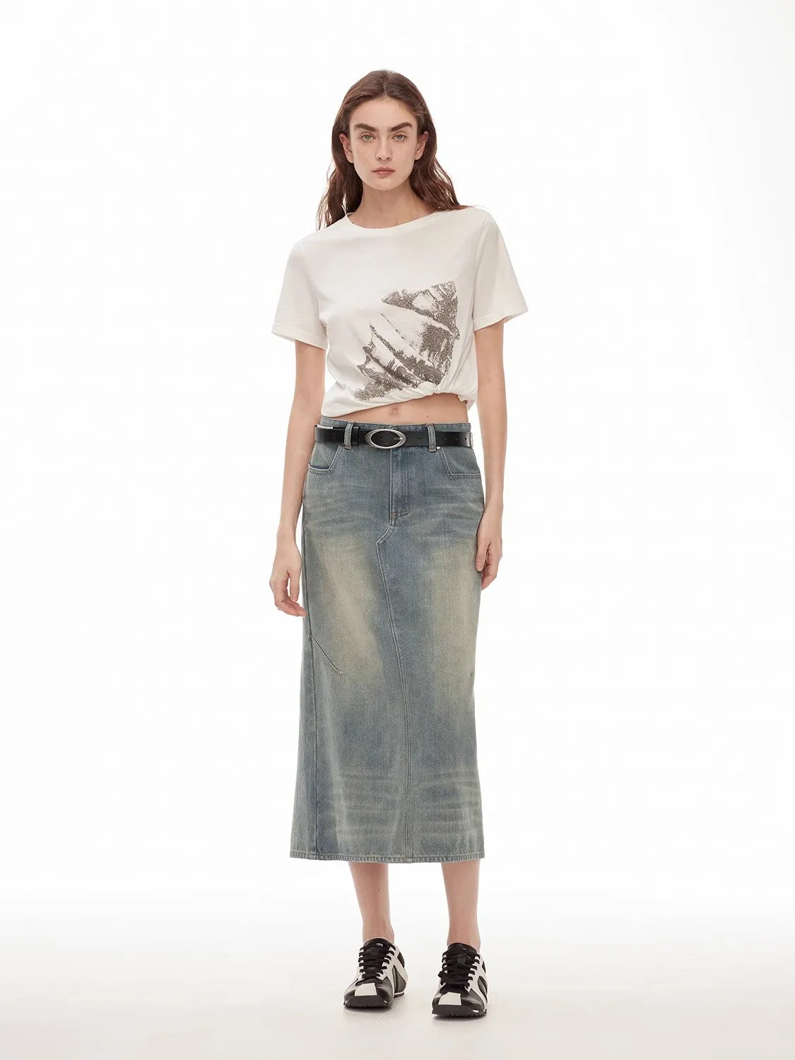 "Dawn Denim" retro old enzyme washed mid-low waist slim fishtail flared slim denim skirt sold by Firelady Fur