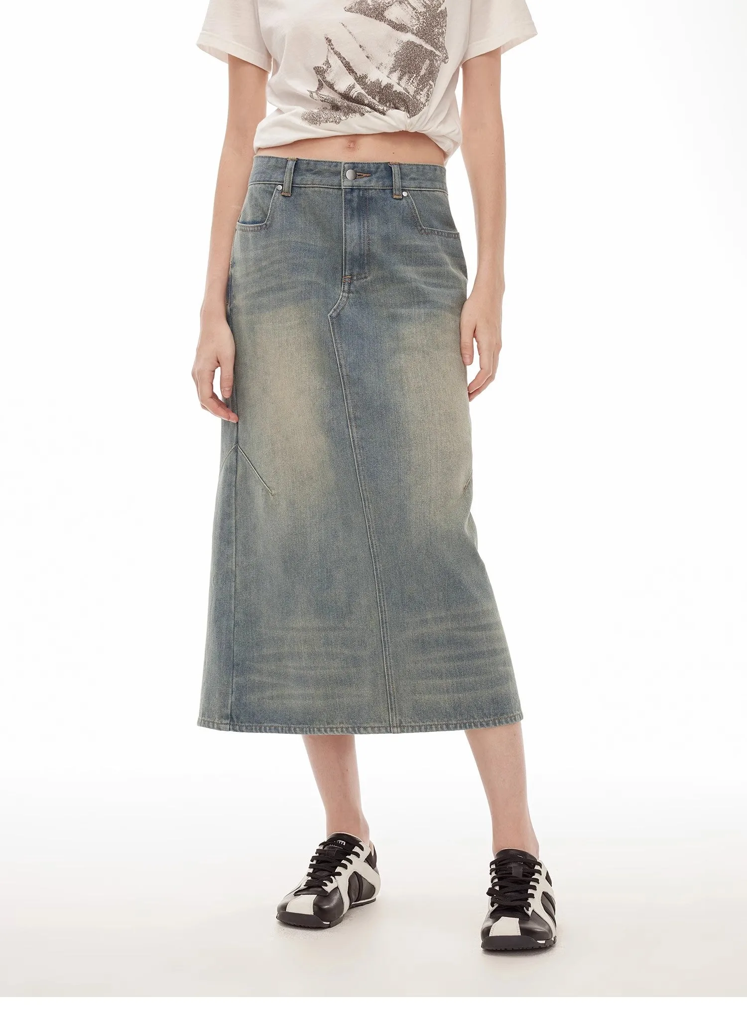"Dawn Denim" retro old enzyme washed mid-low waist slim fishtail flared slim denim skirt sold by Firelady Fur product image thumbnail 2