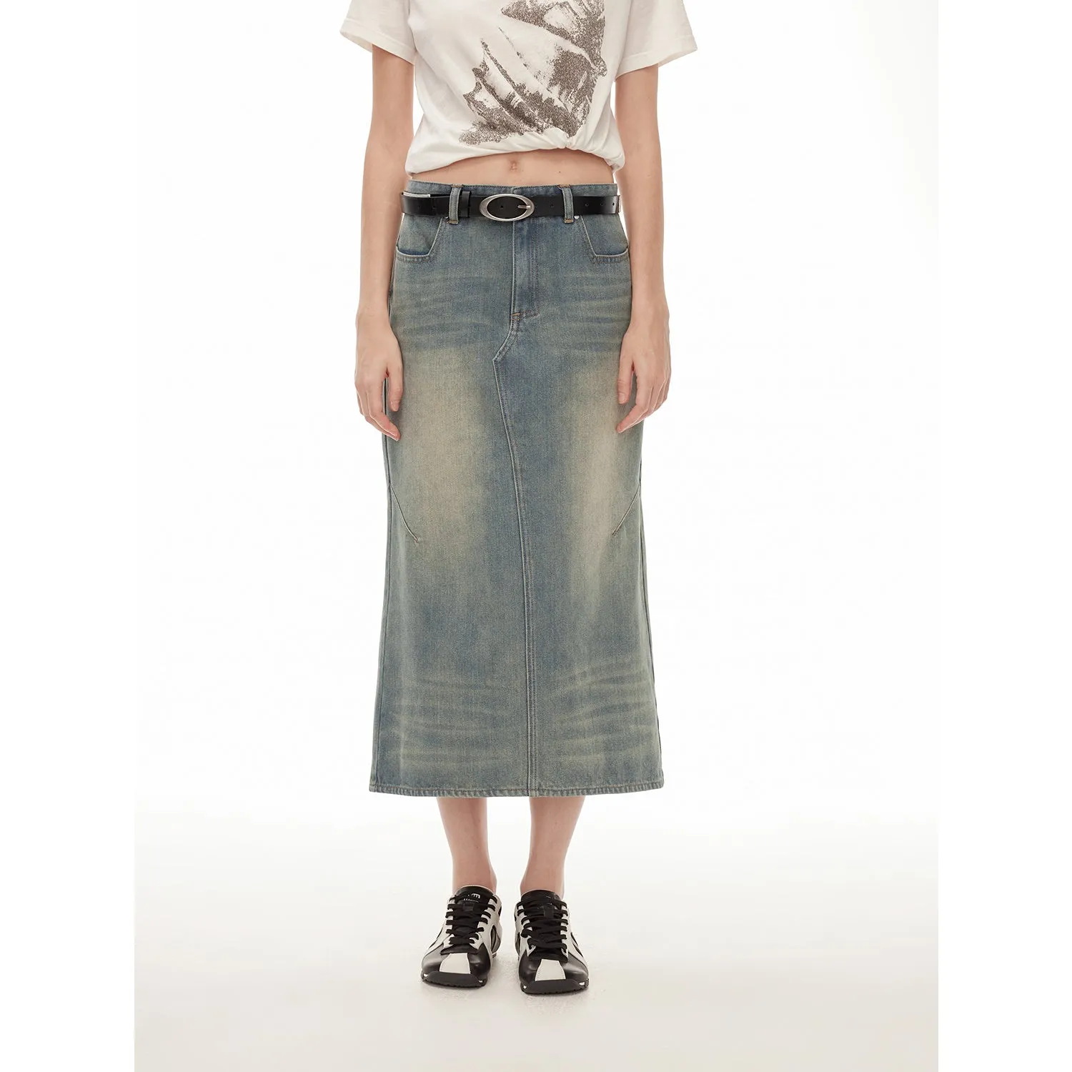 "Dawn Denim" retro old enzyme washed mid-low waist slim fishtail flared slim denim skirt sold by Firelady Fur product image thumbnail 5