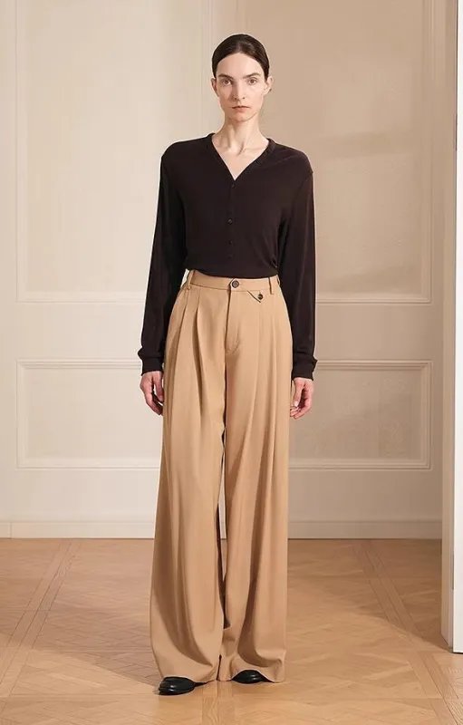 Merino wool blended double pleated wide-leg pants for women, versatile, drapey and comfortable casual trousers sold by Firelady Fur