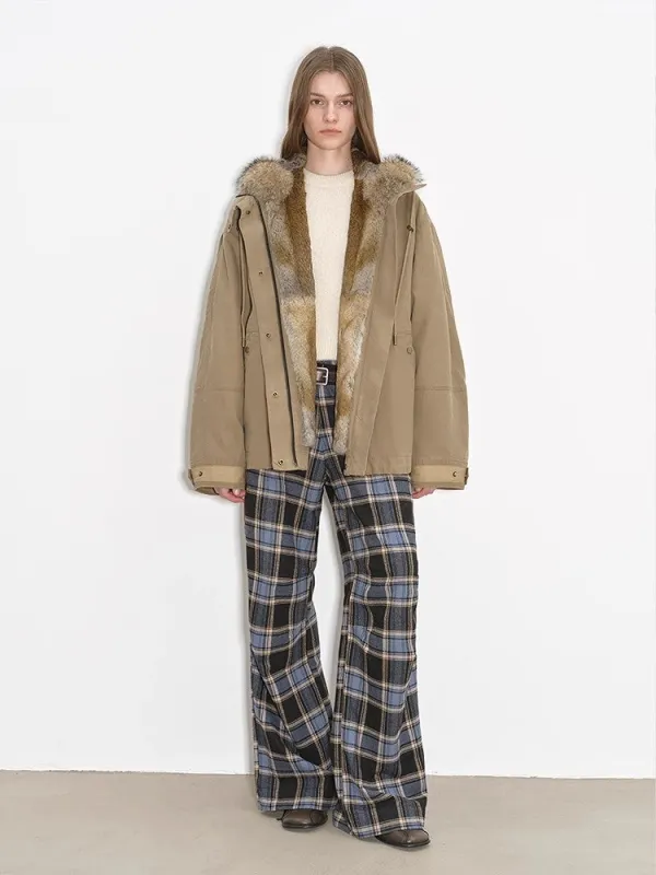 "Impressionist" 90 goose down jacket, detachable wolf fur collar, rabbit fur lining, hooded down parka sold by Firelady Fur