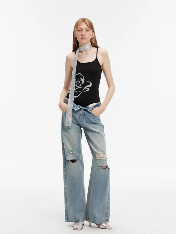 "Gray and Denim" stylish and personalized Turkish washed retro distressed holes straight flared jeans sold by Firelady Fur