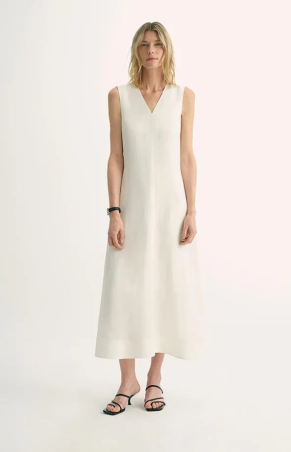 Lightweight and zero-pressure cupro linen textured anti-wrinkle V-neck sleeveless A-line dress sold by Firelady Fur