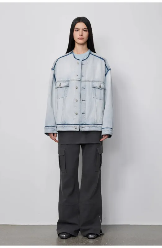 "Starry Sky Market" luxury brand classic washed cotton collarless raw edge denim jacket sold by Firelady Fur