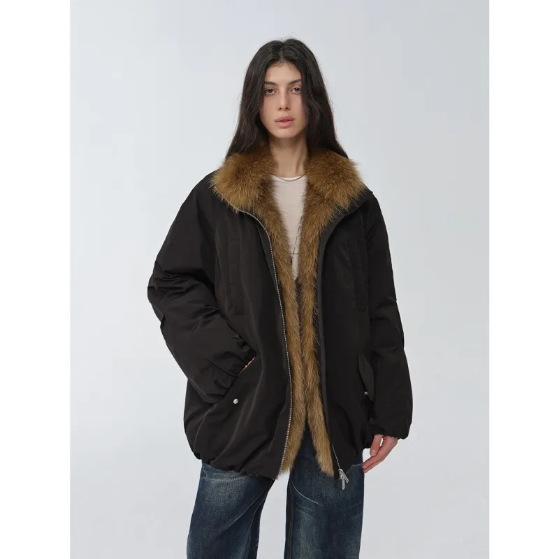 "Warm Dialogue" Two-tone fox fur collar detachable 90 goose down jacket mid-length down parka sold by Firelady Fur