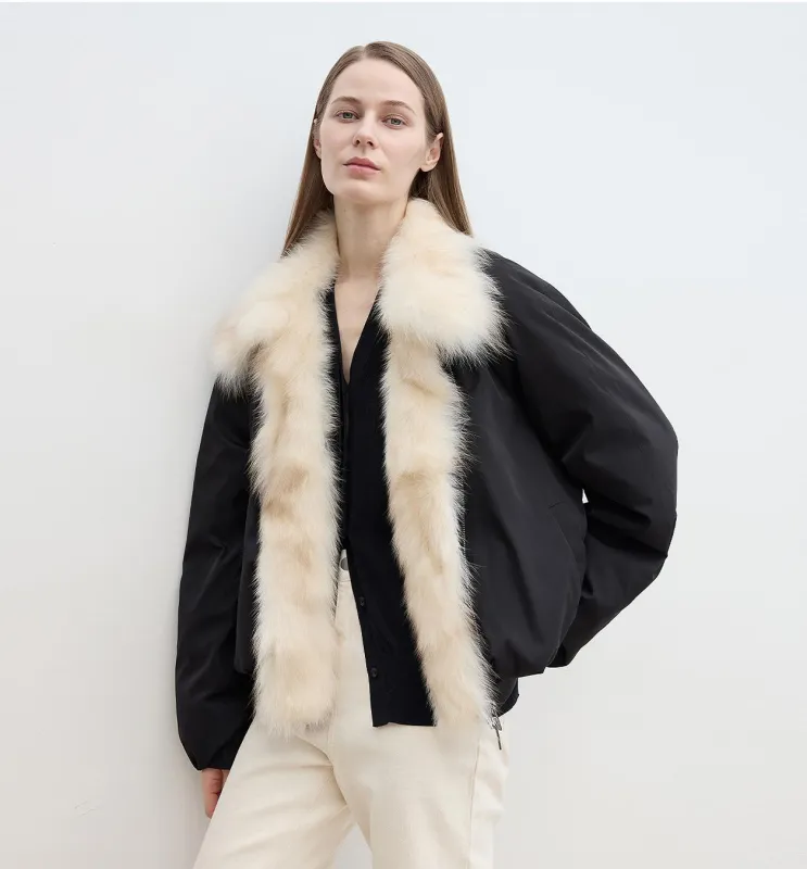 "Day and Night Rider" detachable contrasting fox fur collar white goose down waterproof parka down jacket sold by Firelady Fur