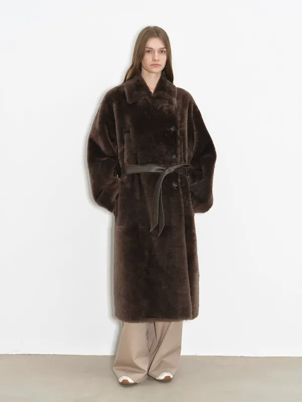"Mocha Phantom" Merino wool dropped shoulder long asymmetric placket sheepskin coat sold by Firelady Fur