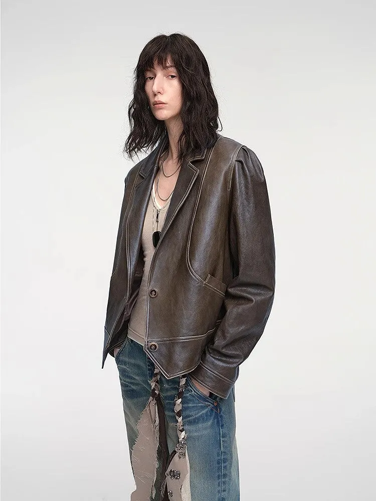 New Zealand imported waxed sheepskin distressed short leather jacket "Vintage Old Stories" sold by Firelady Fur product image thumbnail 2