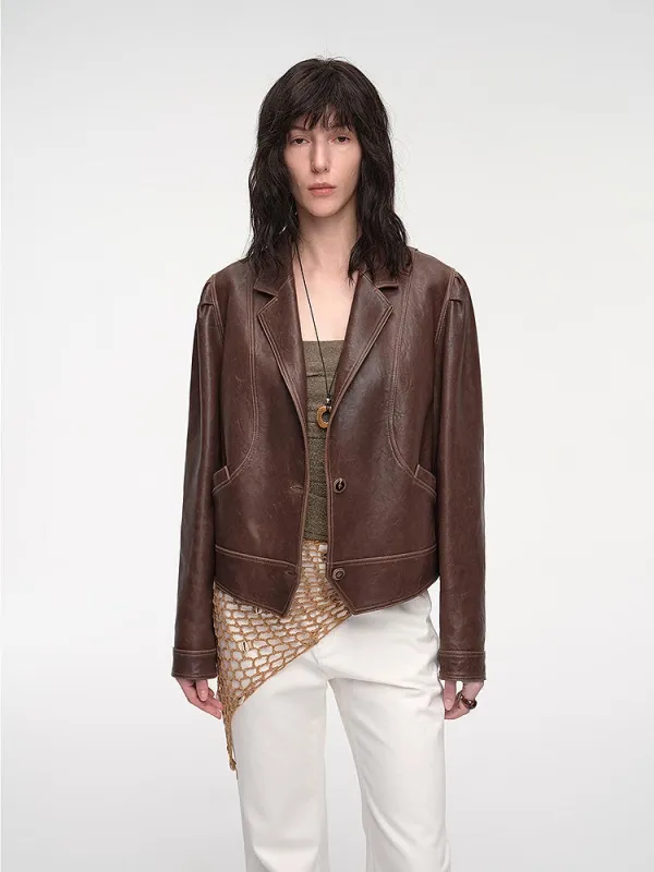 New Zealand imported waxed sheepskin distressed short leather jacket "Vintage Old Stories" sold by Firelady Fur