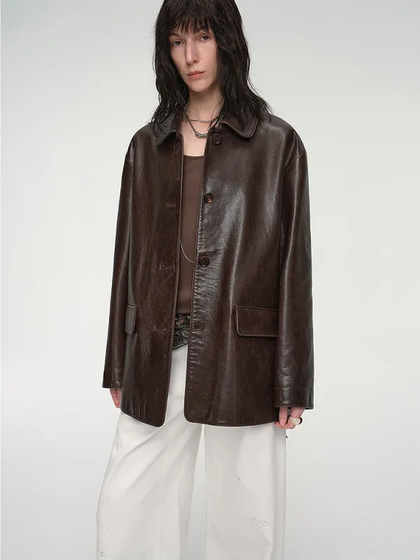 Goatskin simple and versatile retro suit-style leather windbreaker jacket "Fashionable Kosi" sold by Firelady Fur