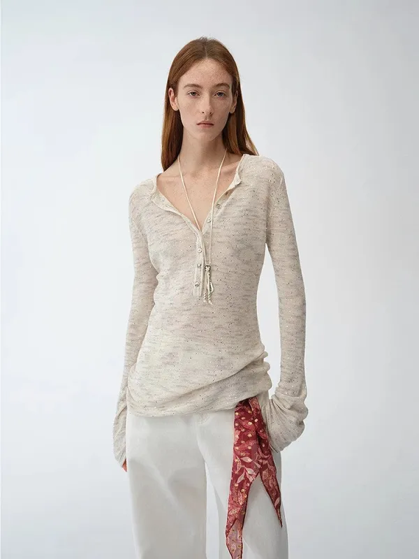 Fashionable cotton and linen beaded fancy yarn waisted bell sleeves round neck cardigan knitted top"Perry Moonlight" sold by Firelady Fur