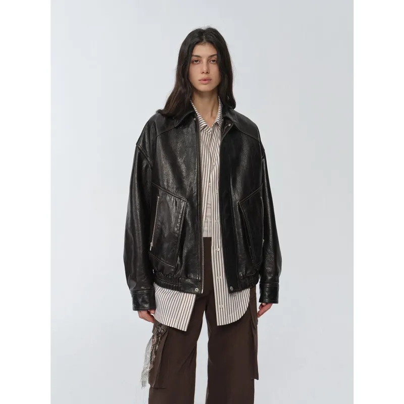 Retro and fashionable imported waxed sheepskin leather bomber jacket "New York International Student" sold by Firelady Fur