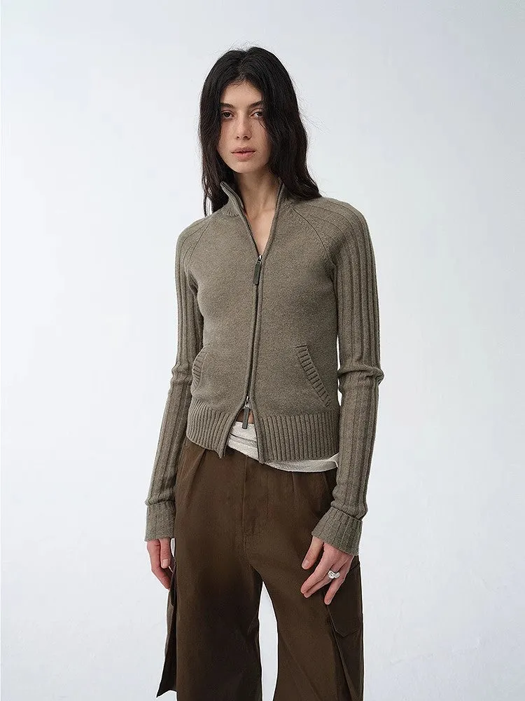 "Senna Melody" oblique placket fine merino wool and cotton blend zipper knitted cardigan top for women sold by Firelady Fur
