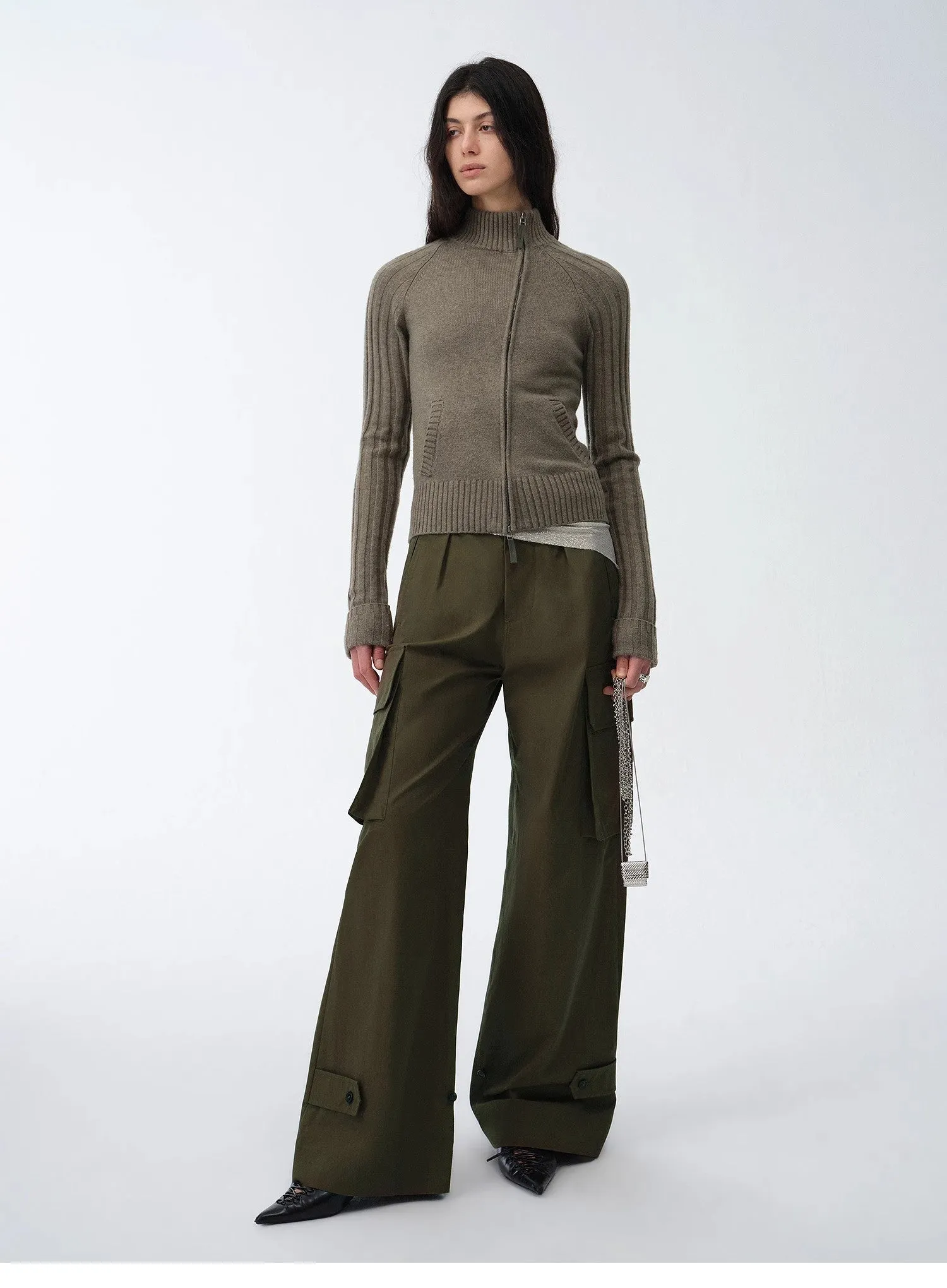 "Senna Melody" oblique placket fine merino wool and cotton blend zipper knitted cardigan top for women sold by Firelady Fur product image thumbnail 5