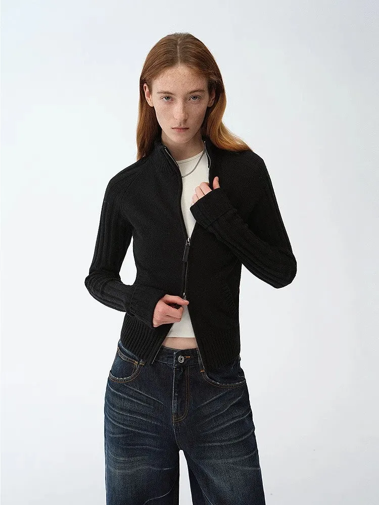 "Senna Melody" oblique placket fine merino wool and cotton blend zipper knitted cardigan top for women sold by Firelady Fur product image thumbnail 2