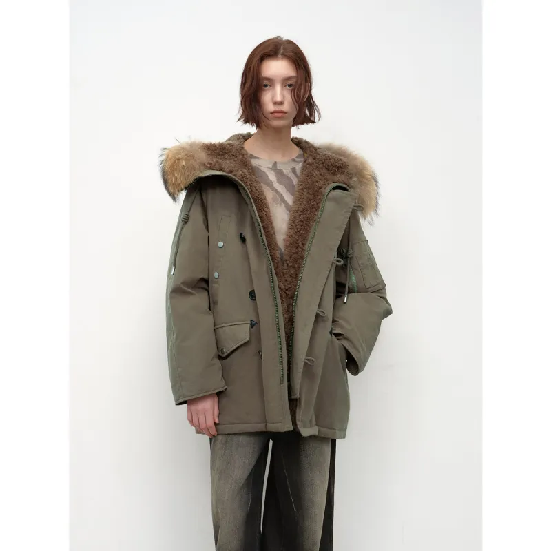 "Coastal Highway II" Hooded Raccoon Fur Collar 90% Duck Down Sheep Shearling Lined Down Parker sold by Firelady Fur