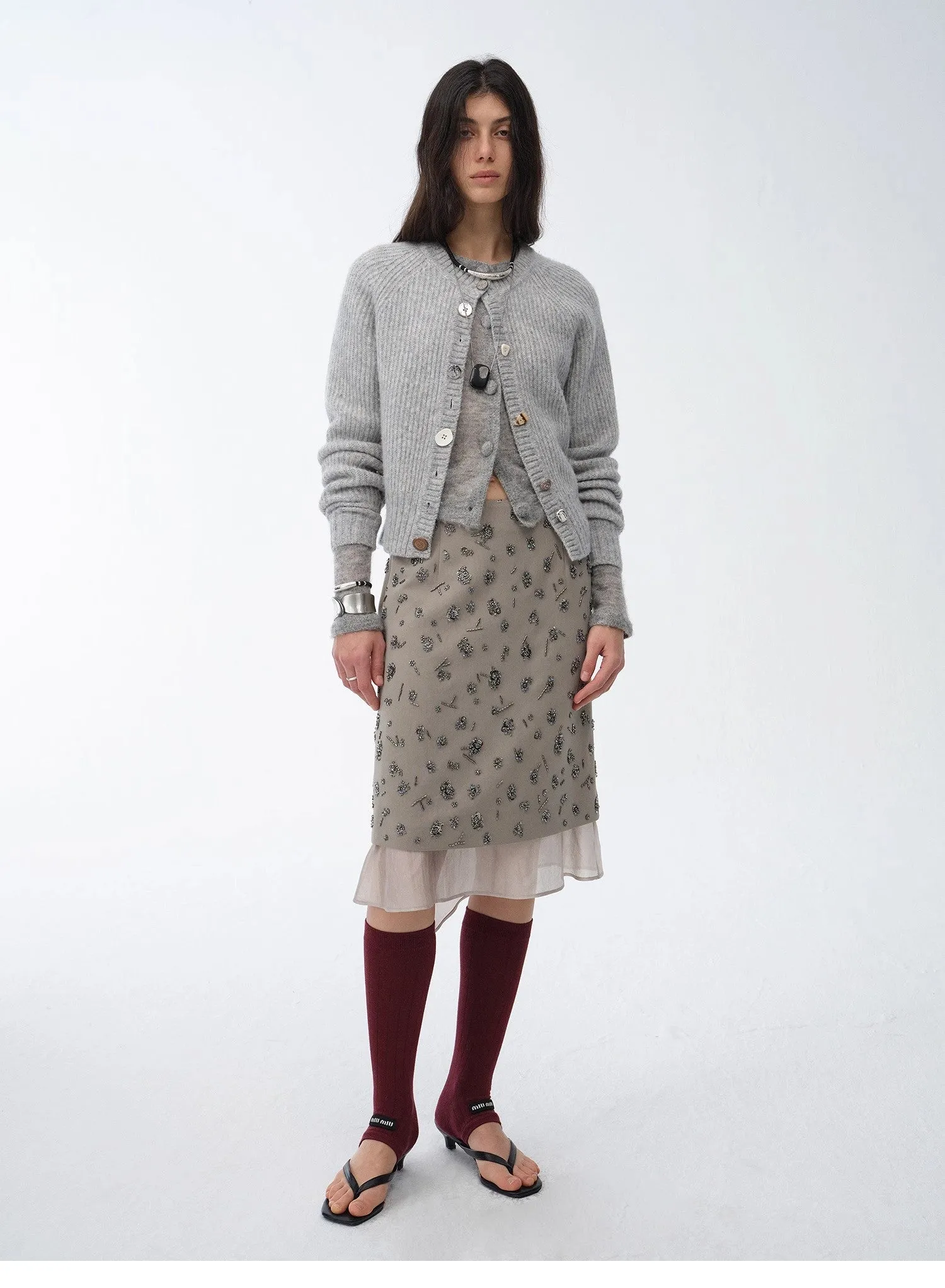 "Hokkaido Weaving Love" wool blend crew neck cardigan top sold by Firelady Fur