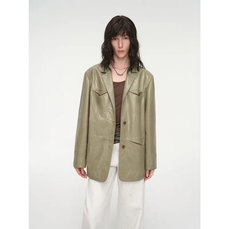 Wide shoulder multi-pocket suit waxed leather jacket "Windsor Past" sold by Firelady Fur